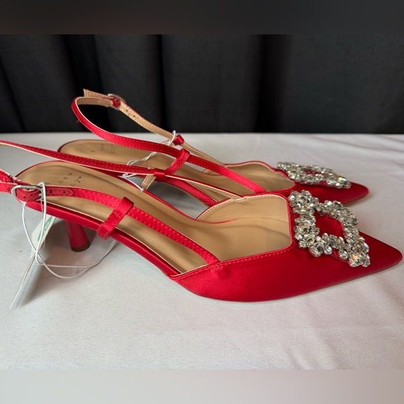A New Day Red Satin Heels with Crystal Embellishments - Picture 3 of 9